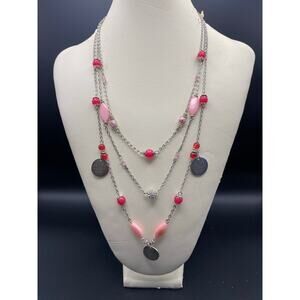 Silver Tone Pink Red Beaded Multi-Strand Layered Statement Necklace Long Chain